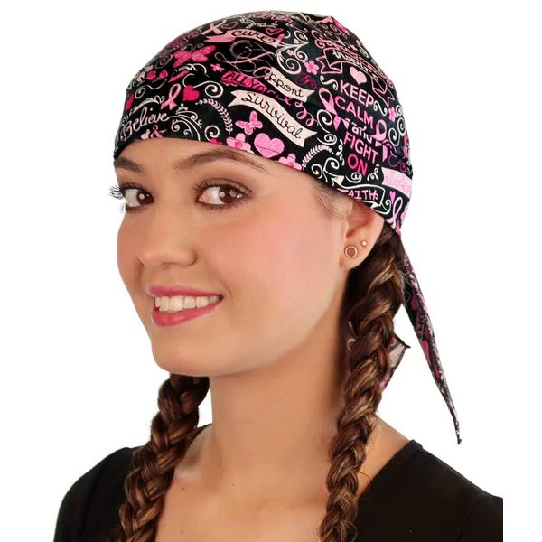 Sparkling EARTH Pink Ribbon Collage on Black (Breast Cancer Awareness) Skull Cap Doo Rags Do Rag Durag Headwrap Skullies - Made in The USA!