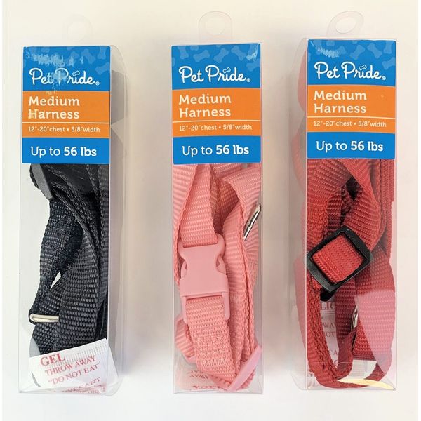 3 PACK - Medium Dog Harness Nylon Adjustable up to 56 lbs - Black Red & Pink