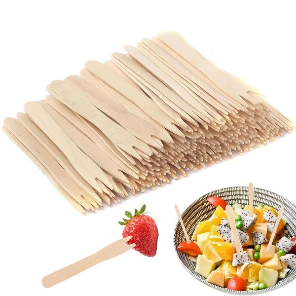 ANBOO 200 Stück 85mm Pommesgabel, Holzgabeln Pommes Gabeln, Pommes Pieker aus Holz Holzbesteck Partybesteck Pommes Frites Gabeln Partygeschirr für Party Geburtstag Camping und Picknick