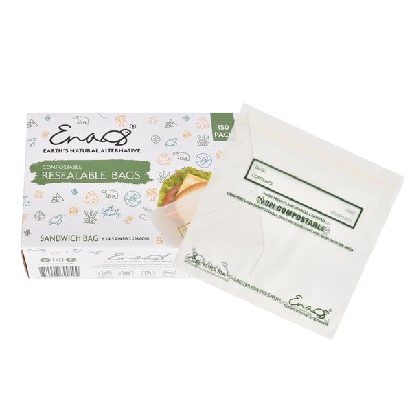 100% Compostable Food Storage Bags [Sandwich 150 Pack] Eco-Friendly Freezer Bags, Resealable Bags, Heavy-Duty, Reusable, by Earth's Natural Alternative, off white