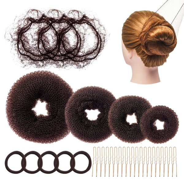 Lictin Duttkissen 32 Stück, Donut Hair Bun Maker Set mit 6 Haardutt, 5 Elastische Haarband, 3Haarnetze und 20 u-förmige Haarnadeln, Hair Bun Maker für Damen Braun