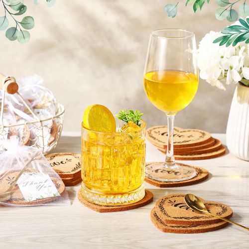 Yiyiring100 Pack Bridal Shower Tea Party Favor for Guest Wedding Favors 25 Heart Cork Coasters 25 Leaf Tea Spoon 25 Thank You Card with Organza Bag Bridal Shower Gift Wedding Gifts(Gold)