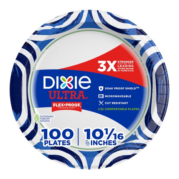 Dixie Ultra, Large Paper Plates, 10 Inch, 100 Count, 3X Stronger*, Heavy Duty, Microwave-Safe, Soak-Proof, Cut Resistant, Great For Heavy, Messy Meals