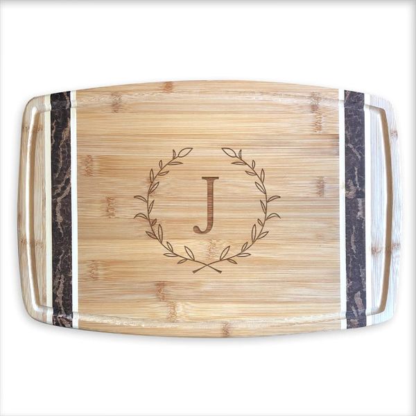 Engraved Initial Wreath Marbled Personalized Cutting Board, 15" x 10.75", Bamboo Cutting Board