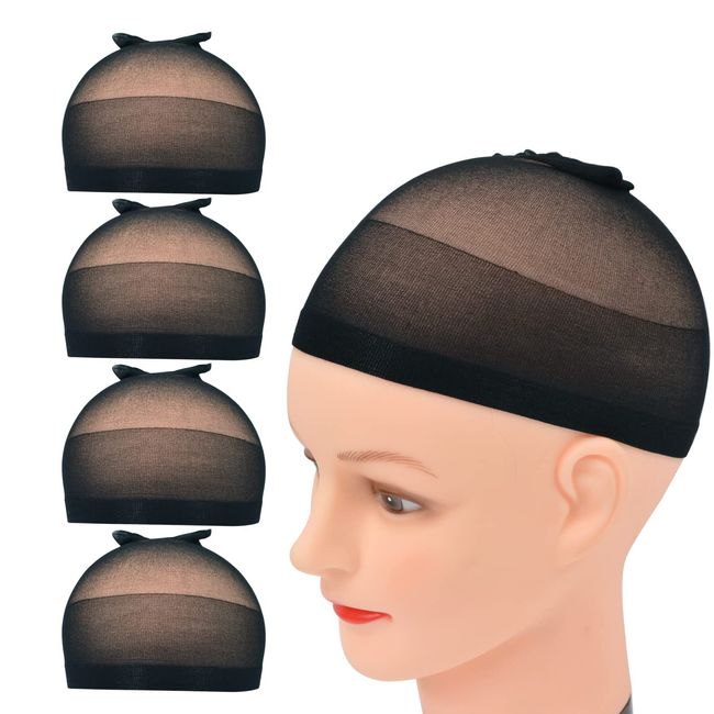 4 Stück Perückenkappen Stretch Nylon Perückenstrumpfkappen für Frauen Männer Kinder (Nylon Wig Cap, Schwarz)