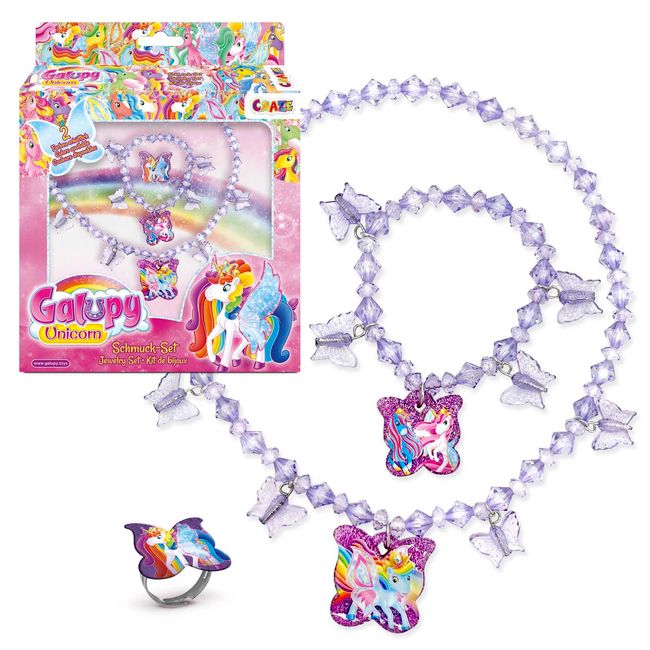 CRAZE GALUPY UNICORN Kinder Schmuck Set Mädchen mit 1 Halskette, 1 Armband & 1 Ring in rosa oder lila – Einhorn Kinderschmuck Mädchen ab 4 Jahre