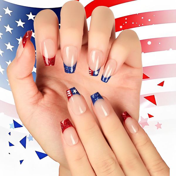 4th of july nails，patriotic style french press on nails，independence day nails，square long press on nails， Full Cover Stick on Nails for Woman 24Pcs (nail-014, 12)