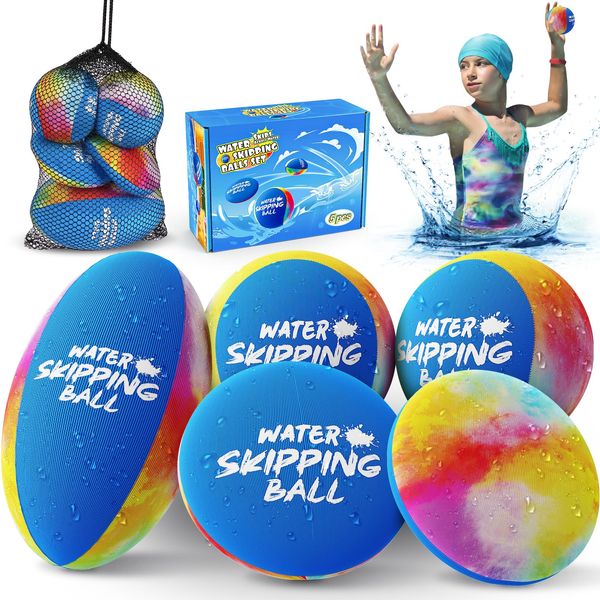5 Pack Water Skip Balls- Water Bouncing Ball, Ink-Splashed Colorful Skipping Balls for Pool Beach Play, Summer Fun Beach for Kids 5-8-12 and Adult Boys Girls