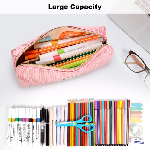 FINPAC Pencil Case, Corduroy Aesthetic Makeup Bag, Cute Kawaii Pen Bag Pouch Holder Box Organize for Study, Office, or Travel (Pink)