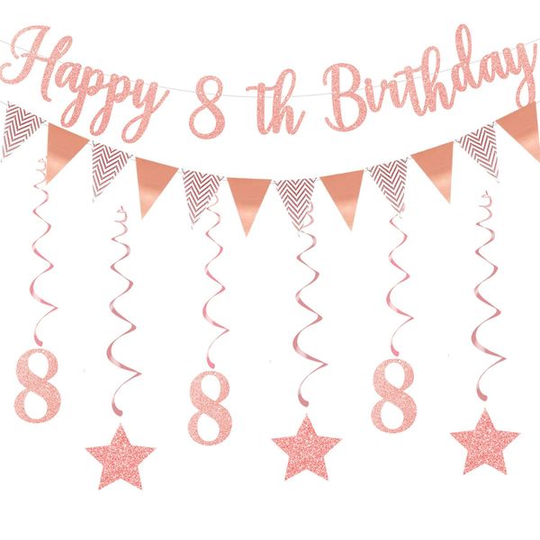 Elicola 8th Birthday Party Rose Gold Decorations Happy 8th Birthday Bunting Banner With 6PCS Hanging Swirls for Girls Birthday Anniversary Party Decor Supplies