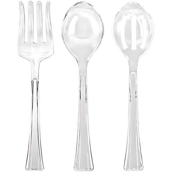 Lillian Clear Plastic Serving Utensils, Party Assorted Disposable Set, Pack of 3 (1 Spoon, 1 Slotted Spoon, 1 Fork) Clear, 12" Inches