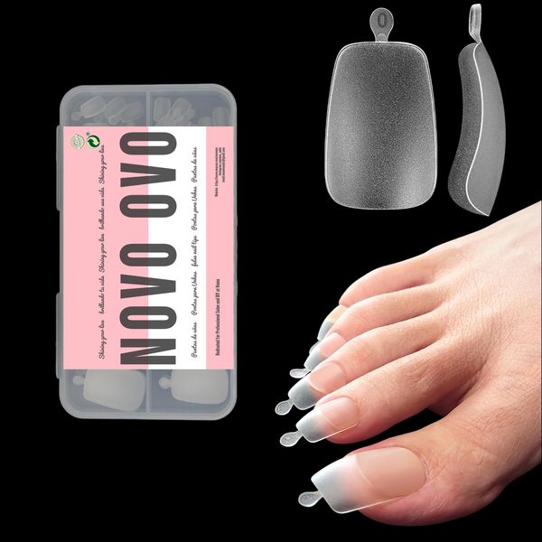 NOVO OVO 120 Long Toe Nail Tips, Curved Full Cover Longtoes Claw, Clear Double Matte Pre-Filed Fake Nail Extension for Pedicure Acrylic, Coffin Ballerina Soft Gel False Toenails x 12 Sizes in Box