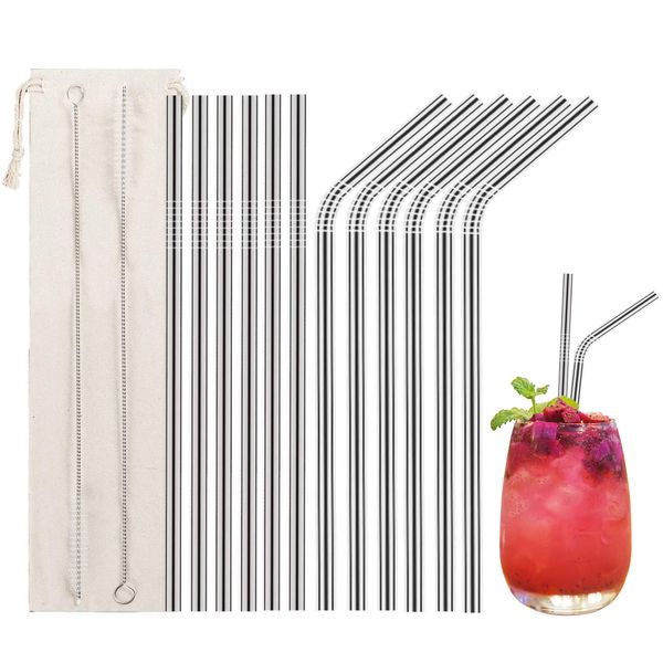 LessMo 12 Pcs Stainless Steel Straws, Reusable Metal Drinking Straws with 2 Cleaning Brush for Smoothie, Milkshake, Cocktail and Hot Drinks