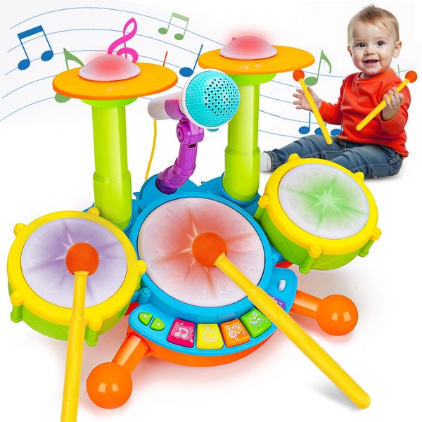 Drum Set for Toddlers 1-3 Musical Toys with 2 Sticks Microphone for 6-12 18 Months Baby Music Instruments Montessori Learning Toy Kids Toddler Drums Christmas Birthday Gift for 1 2 3 Year Old Boy Girl