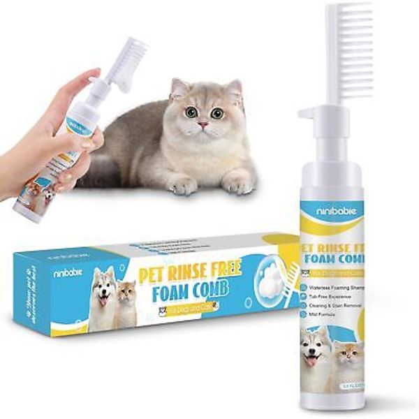 Waterless Cat Shampoo,Comb and Wash 2-in-1,No Rinsing Foam white