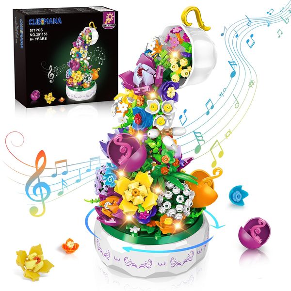 Flowers Music Box Building Set with Light - 571PCS Flower Botanical Bonsai Rotating Music Box Building Block Toy, Home Decor, Mother's Day, Valentine's Day, Birthday Gift for 6-12 Years Kids Adults