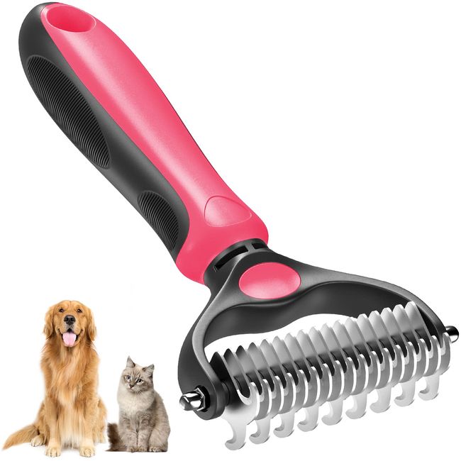 Pet Grooming Brush - Double Sided Shedding and Dematting Undercoat Rake Comb for Dogs and Cats for Mats & Tangles Removing, Safe, Extra Wide, Effective, Comfort (pink)