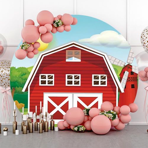 AOFOTO 6.5x6.5ft Farm Red Barn Round Backdrop Cover for Photography Cartoon Farm Theme Barn Door Circle Backdrop Baby Shower Party Supplies Child Kid Birthday Celebration Decoration Photobooth Props