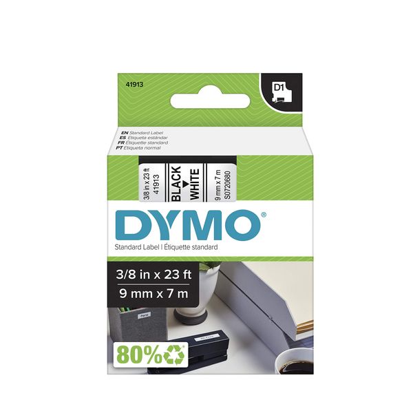 DYMO 41913 D1 Tape Cartridge for Dymo Label Makers, Created Specifically for Your LabelManager and LabelWriter Duo Label Makers, 3/8-inch x 23 Feet, Black on White, Pack of 1, DYMO Authentic