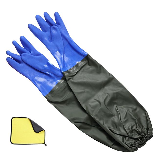 XJIM Rubber Gloves, Long, Long Gloves, Thick Gloves, Kitchen Long, 27.6 inches (70 cm), Waterproof, Anti-Slip, Acid, Alkali Prevention, Anti-Scratch, Anti-Aging, Kitchen, Clam Hunting, Water Work, Industry, Car Washing, Gardening and More (1 pair, Blue)