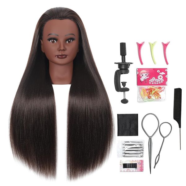 Mannequin Head Hair 28" Cosmetology Doll Manikin Training Head Synthetic Fiber Hairdresser Practice Styling Braiding with Free Clamp Stand(4#Brown)