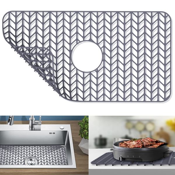 Silicone Sink Protectors for Kitchen Sink, GUUKIN 26''x 14'' Sink Mat Grid for Bottom of Farmhouse Stainless Steel Porcelain Sink with Center Drain (Grey)