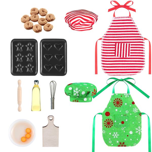 2024 Christmas Elf Accessories, Mini Elf Baker Kits, 2 Sets Apron and Hats, 9 Mini Cookies, for Xmas Elf Doll Ideal Decorations, Rolling Pin, 2X Cookie Trays, Egg, Oil and Whisk