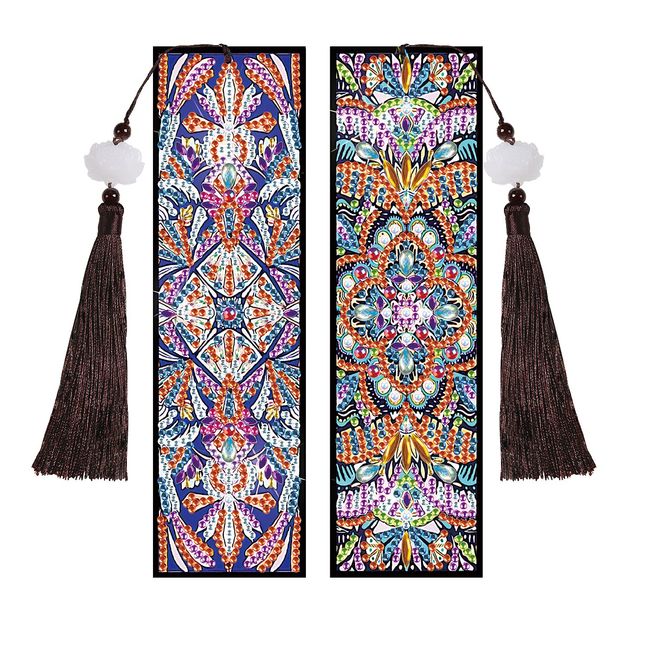 Mwoot 2 Pcs Mandala 5D Diamond Art Painting Bookmarks DIY, Special-Shaped Rhinestones Painting Bookmarks Kits, Diamond Tassel Beaded Painting Leather Marque Page for Kids Beginners Students