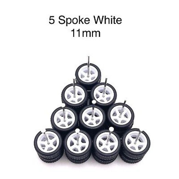 5x White 5 Spoke 11mm Real Rider Replacement Wheels w/ Rubber Tires Set 1/64