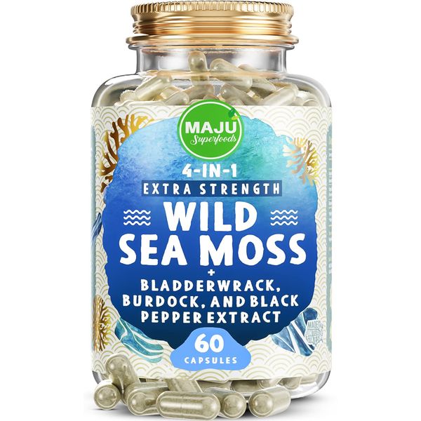 MAJU 4-in-1 Organic Sea Moss Capsules, Wild Chondrus Crispus, Seamoss w/Bladderwrack + Burdock Root, Stronger Than Gel, Irish, Sebi Inspired Raw Powder in Pills, 500 mg Capsule (60 ct)