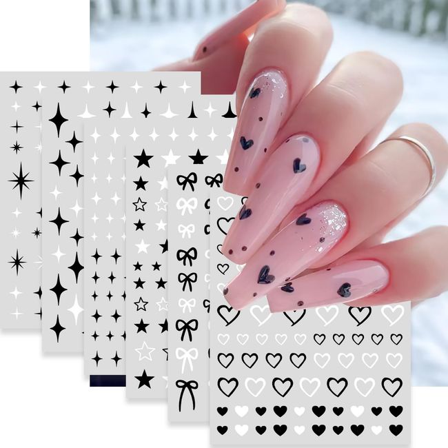 Mkwntg Star Nail Stickers Black White Nail Decals 3D Self-Adhesive Starlight Heart Bow Nail Sticker Cute Hollow Out Heart Bow Design Nail Art Supplies for Women Girls Manicure Nail Decoration 6 Sheets