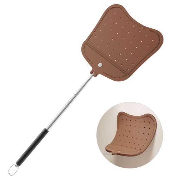 Foxany Leather Fly Swatter, Telescopic Fly Swatters Heavy Duty, Flexible Manual Flyswatters Set, Extendable Swatter with Stainless Steel Handle for Indoor Outdoor