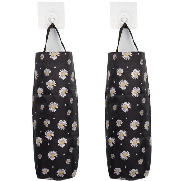 QIANRENON Kitchen Grocery Plastic Trash Bag Holder Washable Wall Mount Folding Little Daisy Storage Bag for Kitchen Bathroom Living Room Office Camper 2 PCS with 2 Hooks, Daisy Black