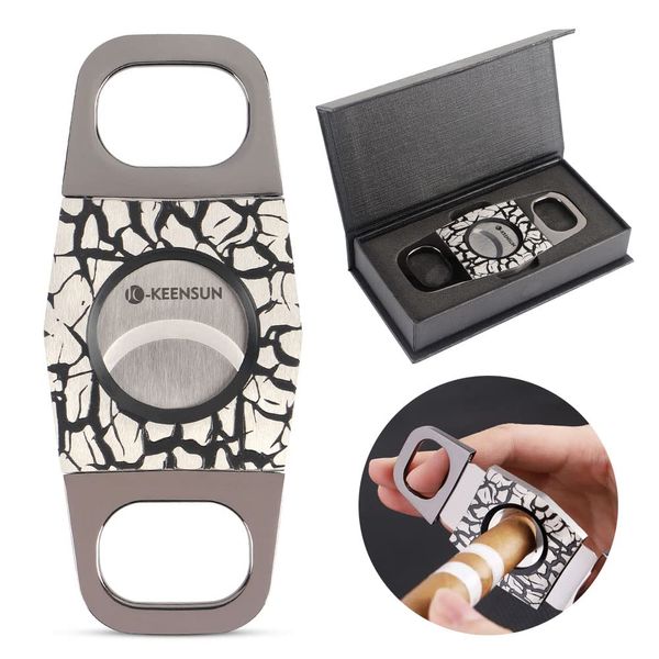 KEENSUN - Zinc Alloy Cigar Cutter Guillotine Stainless Steel Double Blade, Portable Cigar Cutter Tool with Crack Texture Shell (Black) and Gift Box