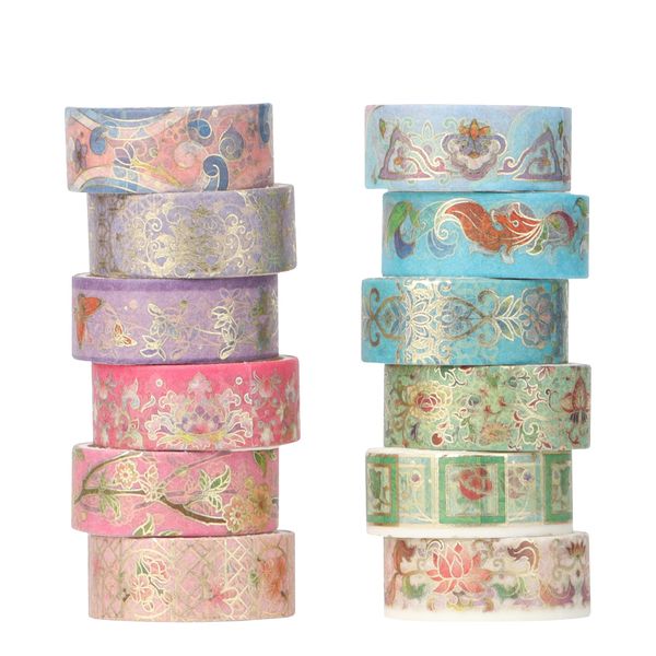 Armelaudin Washi Tape Set 12 Rollen - 15mm Breite, Gold Blocking Floral Deko Muster, Japanisches Abdeckband Dekorieren Sie Ihr Scrapbooking, DIY Handwerk, Geschenkverpackung, Bullet Journal, Planer