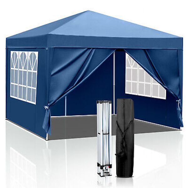 3x3m Waterproof Folding Tent with Two Doors and Windows Blue Outdoor Canopy