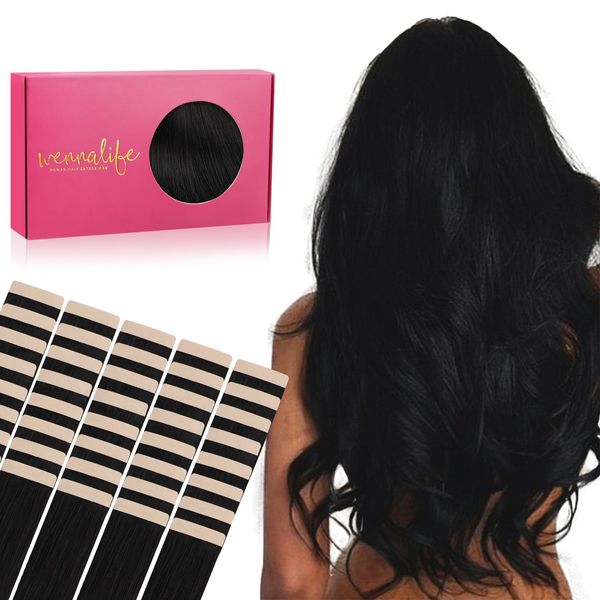 WENNALIFE Tape Extensions Echthaar, 40pcs 100g 50cm 20 Zoll Tief Schwarz Haarverlängerung Echthaar Extensions Tape Invisible Tape in Extensions Echthaar Hair Extensions Seidig Skin Weft Tape Ins