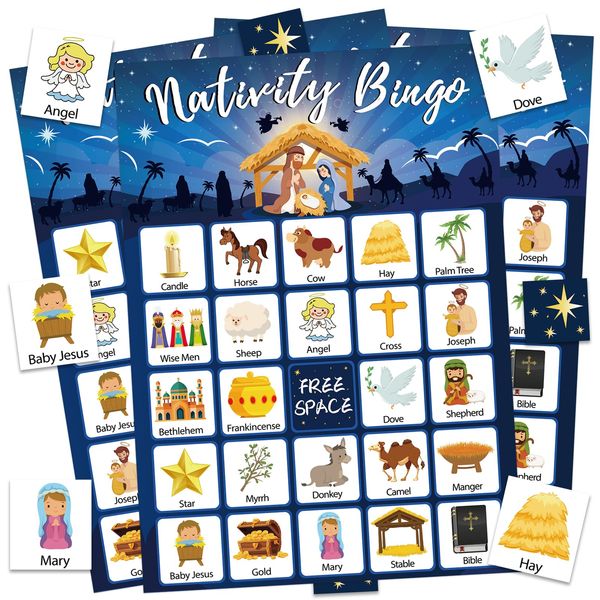 Leezead Christmas Nativity Bingo Game, 24 Players Christmas Bingo Game Nativity Bingo Cards Christmas Games for School Classroom Family Activities Christmas Holiday Party Favors Supplies