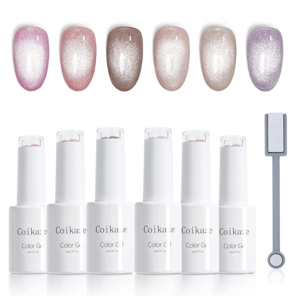 Coikaze Magnetic Nails, Gel Nails, Set of 6 Colors, Cat Eye Gel, Galaxy Color Gel, Cat Eyes, Nail Gel, Magnetic, UV/LED Compatible, Magnetic Gel