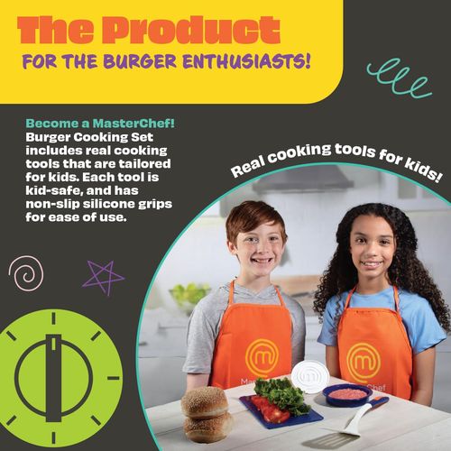 Masterchef Jr Kid's Burger Cooking Set - 9 Pc Kit Includes Real Cookware for Children - Bowl, Cutting Board, Recipes, and Hamburger Press
