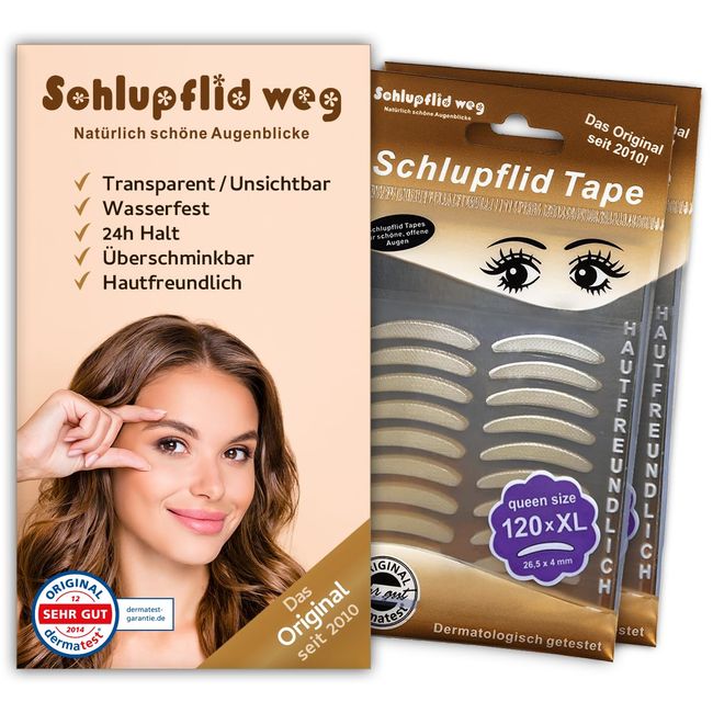 SCHLUPFLID TAPE® "queen size" (XL) - Augenlidliftig ohne OP [240 Stück] Kleine Schönheitshelfer für hängende Augenlider - Schlupflid Streifen Doppelpack - Augenlidklebeband Dermatest Note "sehr gut"