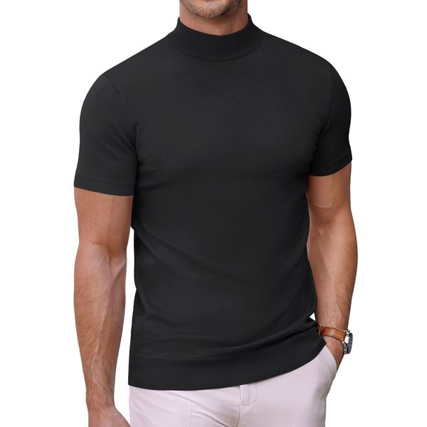 COOFANDY Mens Black Mock Turtleneck Tops Short Sleeve Knitted T-Shirts Basic Thermal Pullover Sweater X-Large