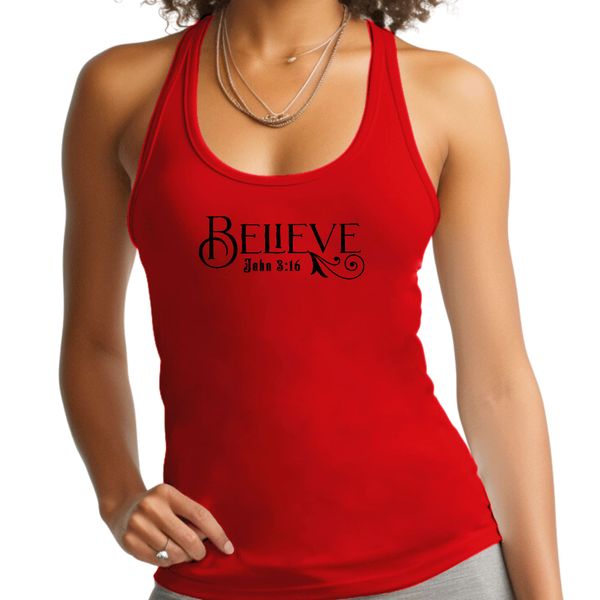 Womens Fitness Tank Top Graphic T-shirt, Believe John 3:16 Black - Red / 2XL