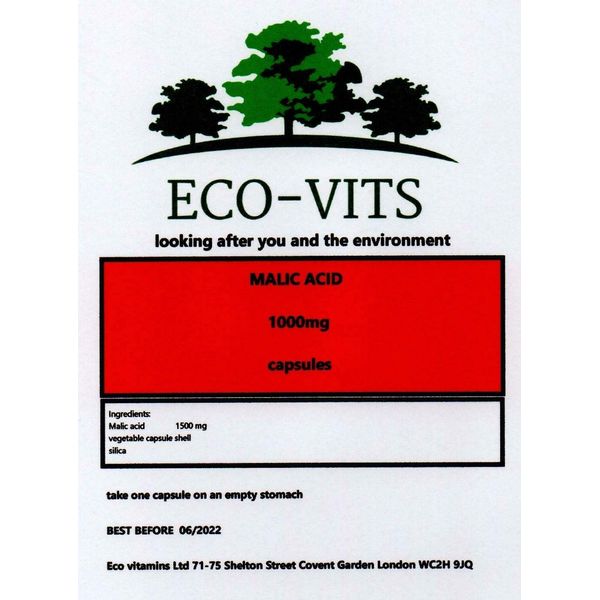 ECO-VITS MALIC Acid 1000MG 30 CAPS. Biodegradable Packaging. Sealed Pouch