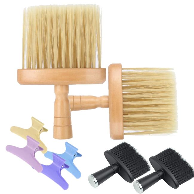 Xumier 2 pièces Balai Cou Coiffeur Brosse Plumeau Cheveux Nettoyage Coup Cheveux Plumeau Coiffure Accessoires Professionnel Brosse Salon-de Barbier Avec 2 brosses plastiques Noir + 4 pinces Papillon