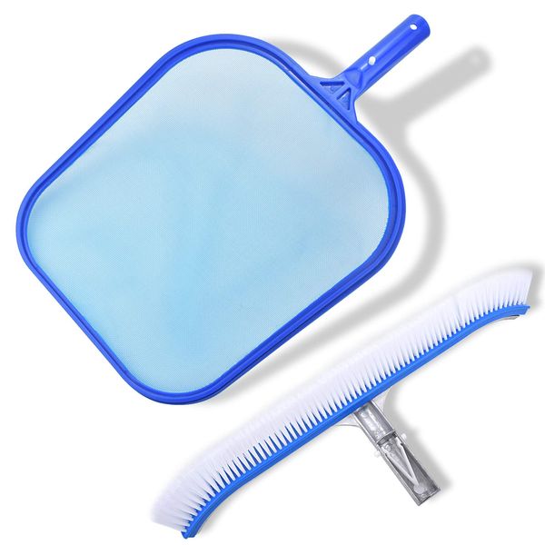 Swimming Pool Brush with Pool Skimmer Net Kit,17.5" Aluminum Pool Cleaning Brush with Nylon Pool Bristles, Heavy Duty Pool Fine Mesh Frame Net, Pool Cleaner Supplies(Pole not Included)