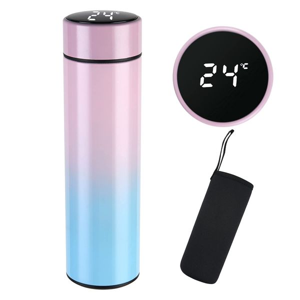 Travel Mugs, Insulated Water Bottle, 500ml LED Temperature Display Smart Water Cup, 304 Stainless Steel Vacuum Drink Flasks, Hot & Cold Sport Drink Bottle for Gym, Home, Office (Gradient Pink)