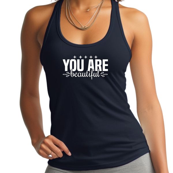 Womens Fitness Tank Top Graphic T-shirt you are Beautiful Inspiration - Navy / L