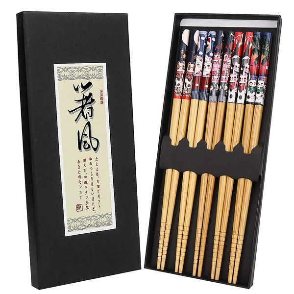 5 Pairs Natural Reusable Bamboo Chopsticks with Fortune Cat Print, Washable Chopsticks Gift Set, Chinese Tableware Set, 8.85 Inches Length