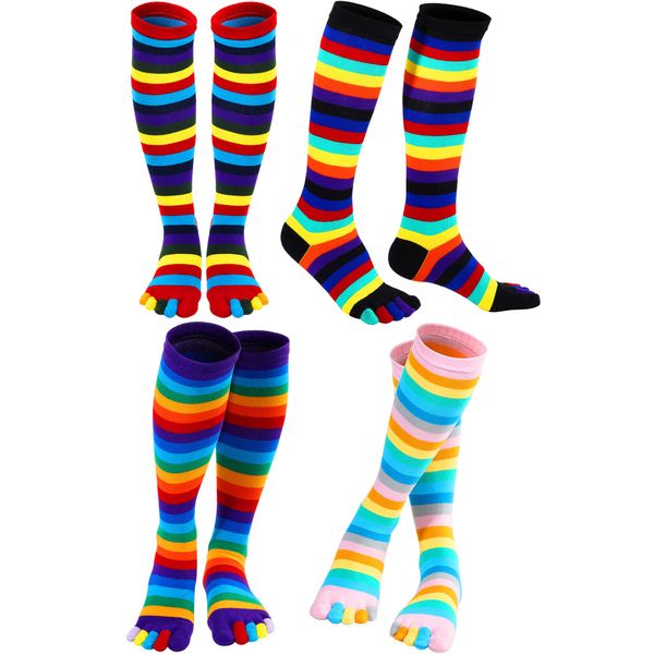 Zhanmai 4 Pairs Rainbow Toe Socks Colorful over Knee 5 Toe Socks Thigh High Rainbow Striped Leg Warmers Funny Pride Long Toe Socks for Women Girls